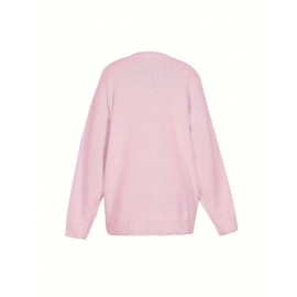 Plus Size - Women'S Asymmetrical V-Neck Geometric Sweater - Soft Pastel Winter Pullover with Trim, Cozy Casual Sweater for Everyday & Semi-Formal Outfits, Relaxed Fit Layering Piece, Easy-Care Durable Design