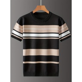 [Summer Striped T-Shirt] LVLAEA Men's Summer Striped Pullover T-Shirt | Short Sleeve, Crew Neck, Casual Rayon Blend, Rib-Knit, Slight Stretch, Fashionable Stripes, Everyday Wear, Regular Fit, Breathable, Skin-Friendly